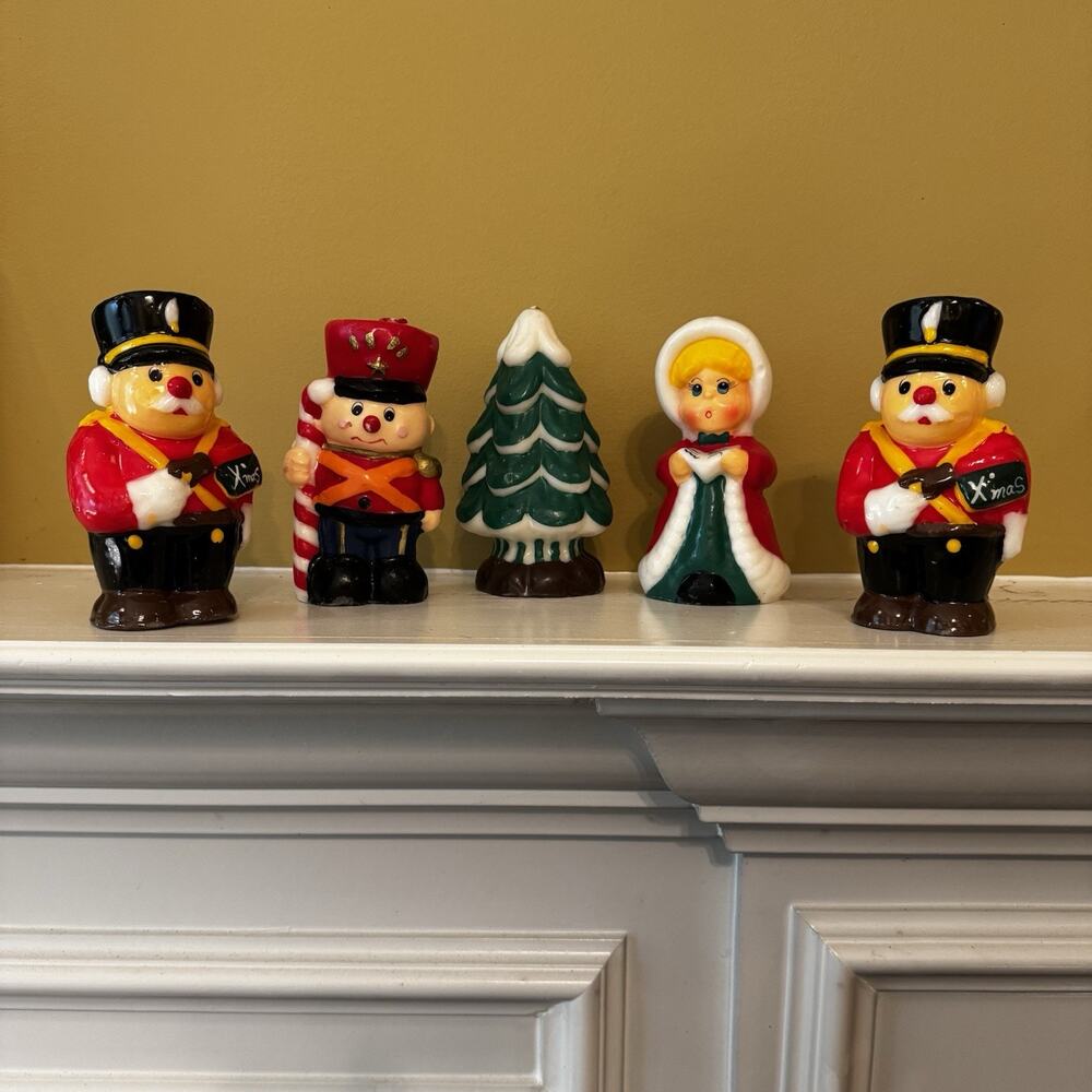Vintage Christmas Candles 5 Wax Figures 3 Toy Soldiers 1 Girl Caroler 1 Tree VTG
